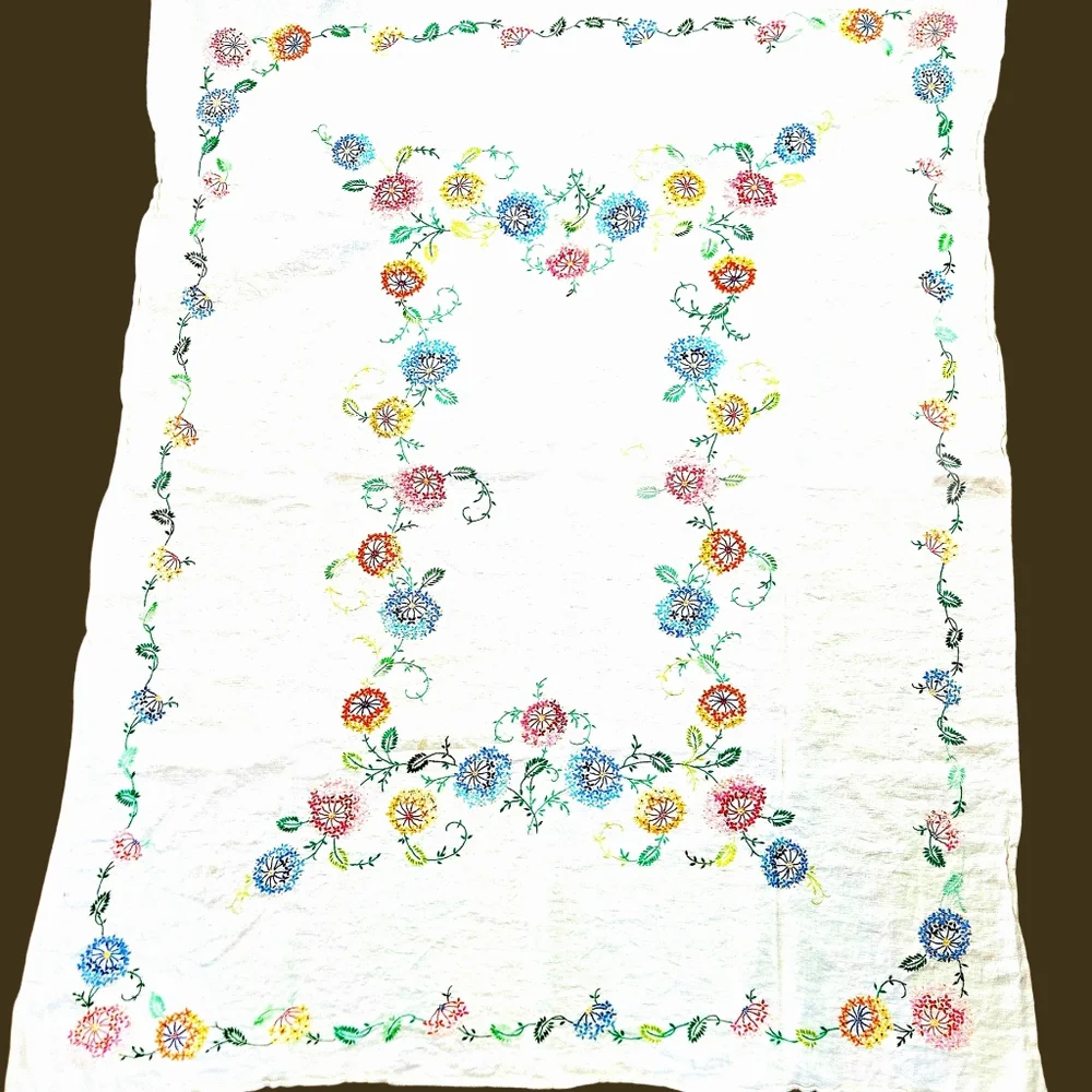 Vintage Embroidered Linen Tablecloth Spring & Summer Flowers Handmade 60 X 48